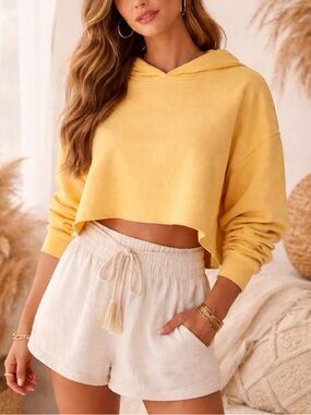 Free People FP Movement Upcycle Raw Hem Cropped Hoodie Medium Gold Mustard